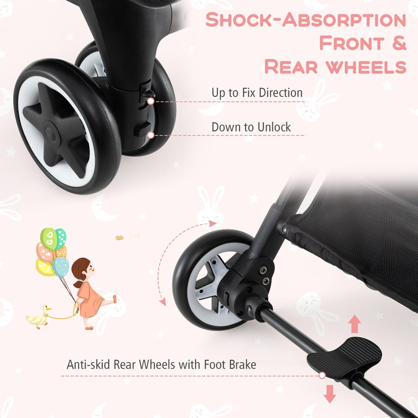 Lightweight Aluminium Frame Baby Stroller with Net-Pink